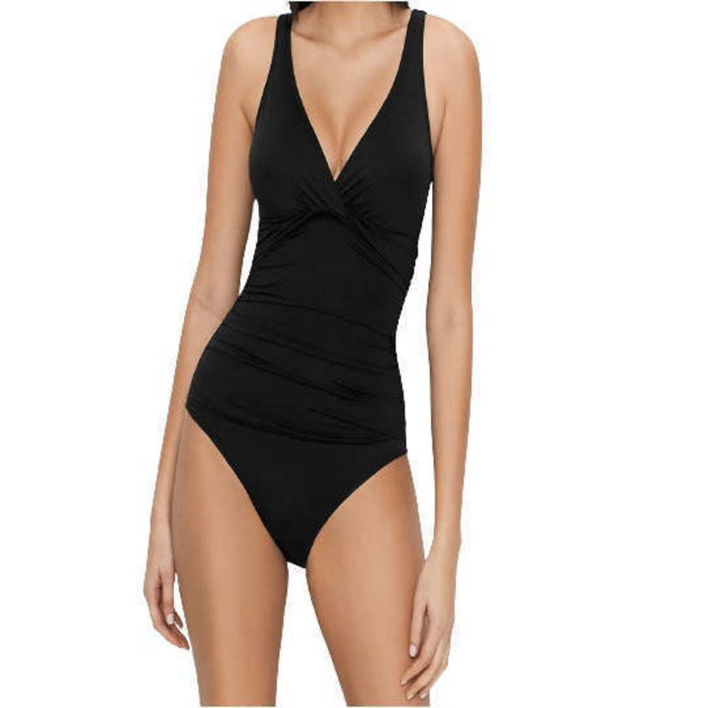 2 Bamboo Womens Solid Metal Ring Accent Bikini Swimsuit,Black,16